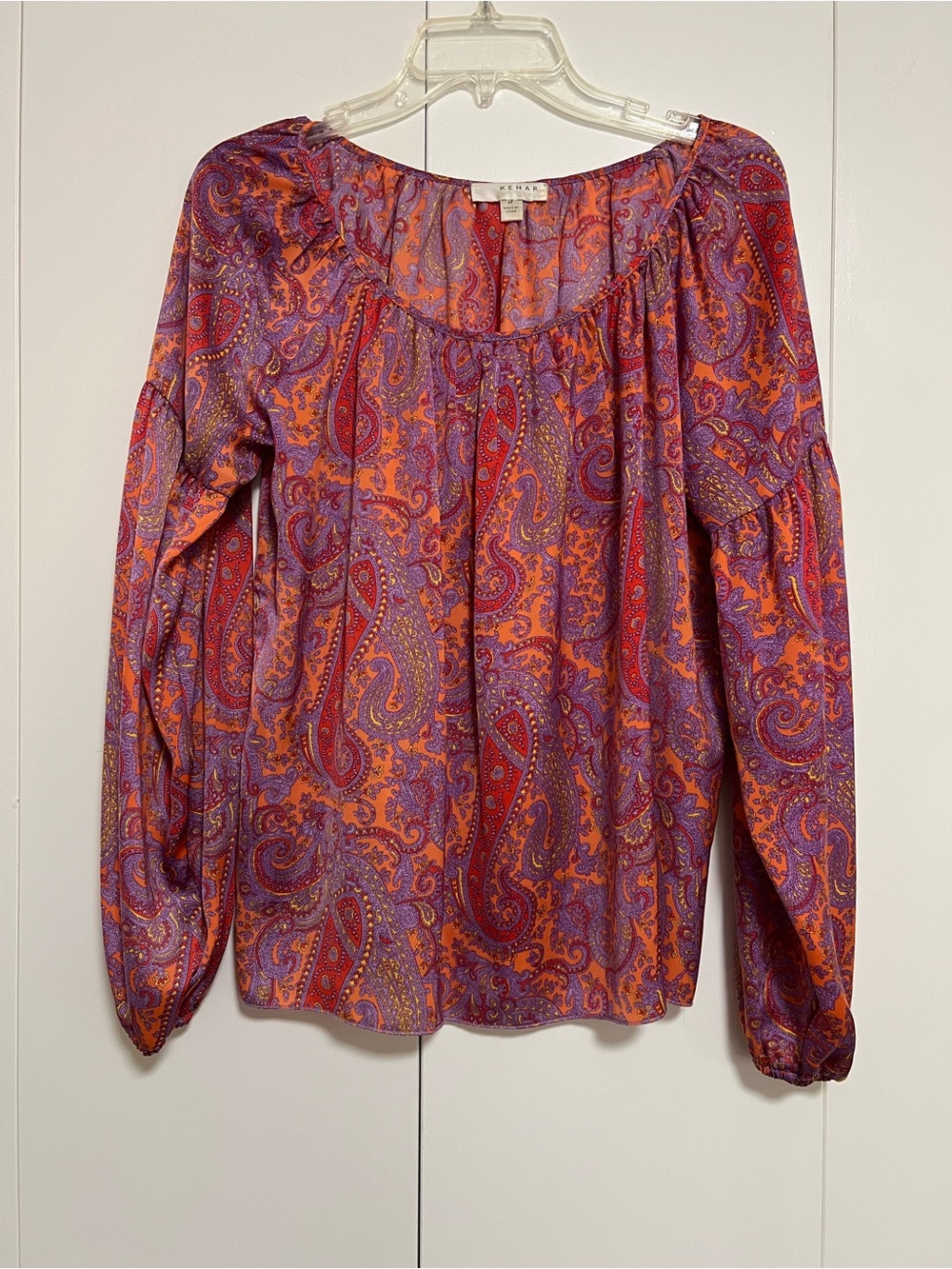 Kenar Orange Coral & Purple Paisley Long Sleeve Bohemian Peasant Blouse Size M